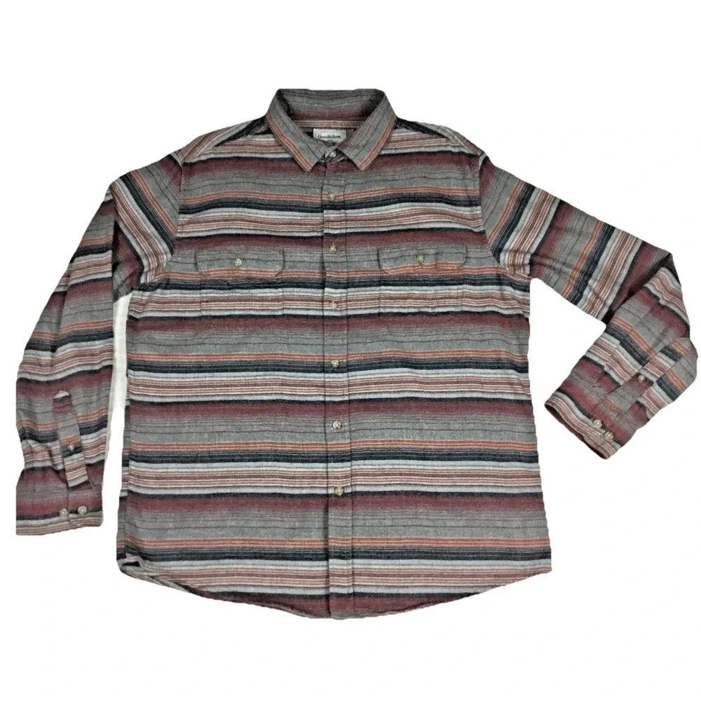 Goodfellow & Co Mens Large Gray Red Striped‎ Flannel Button Up Shirt 043160526